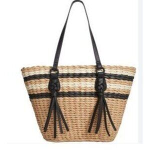 Style & Co $99 Large Straw Tote Black Faux Leather Handles